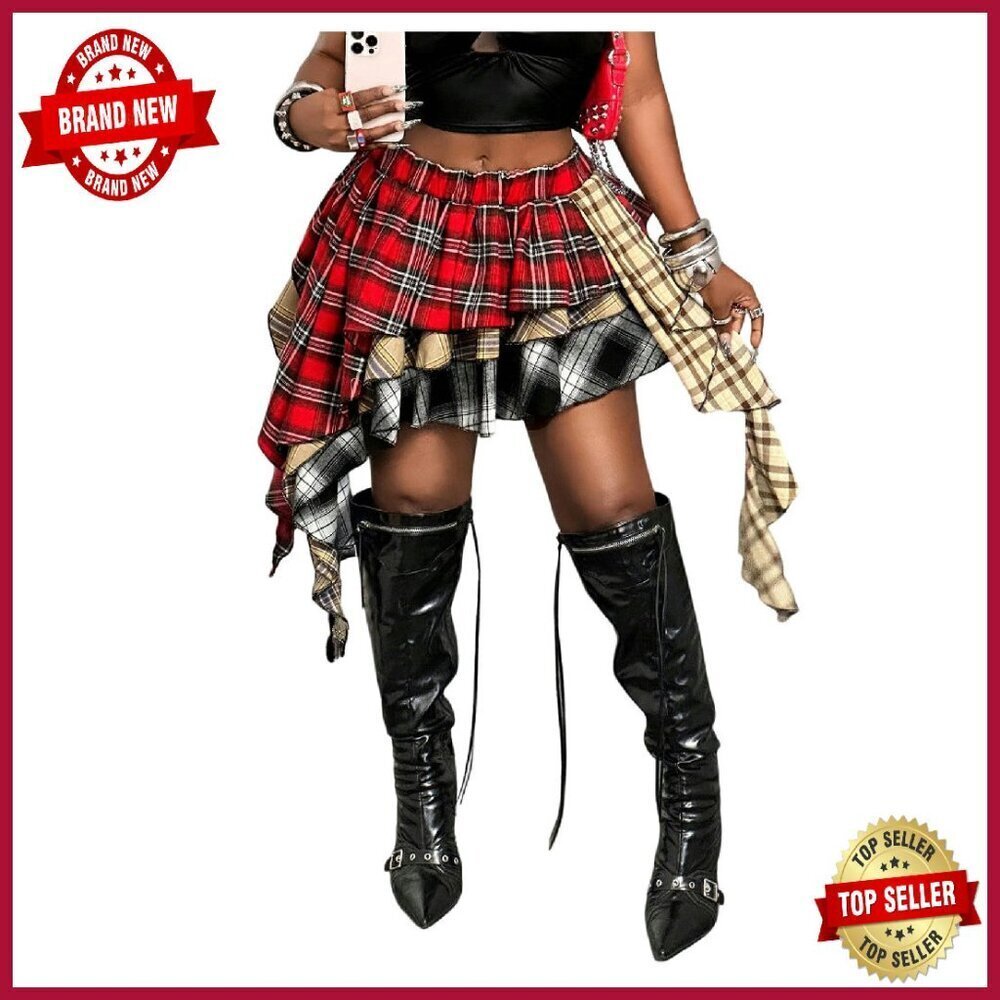 Y2K Streetwear Plaid Ruffle Mini Skirt A-Line Tiered Elastic Waist